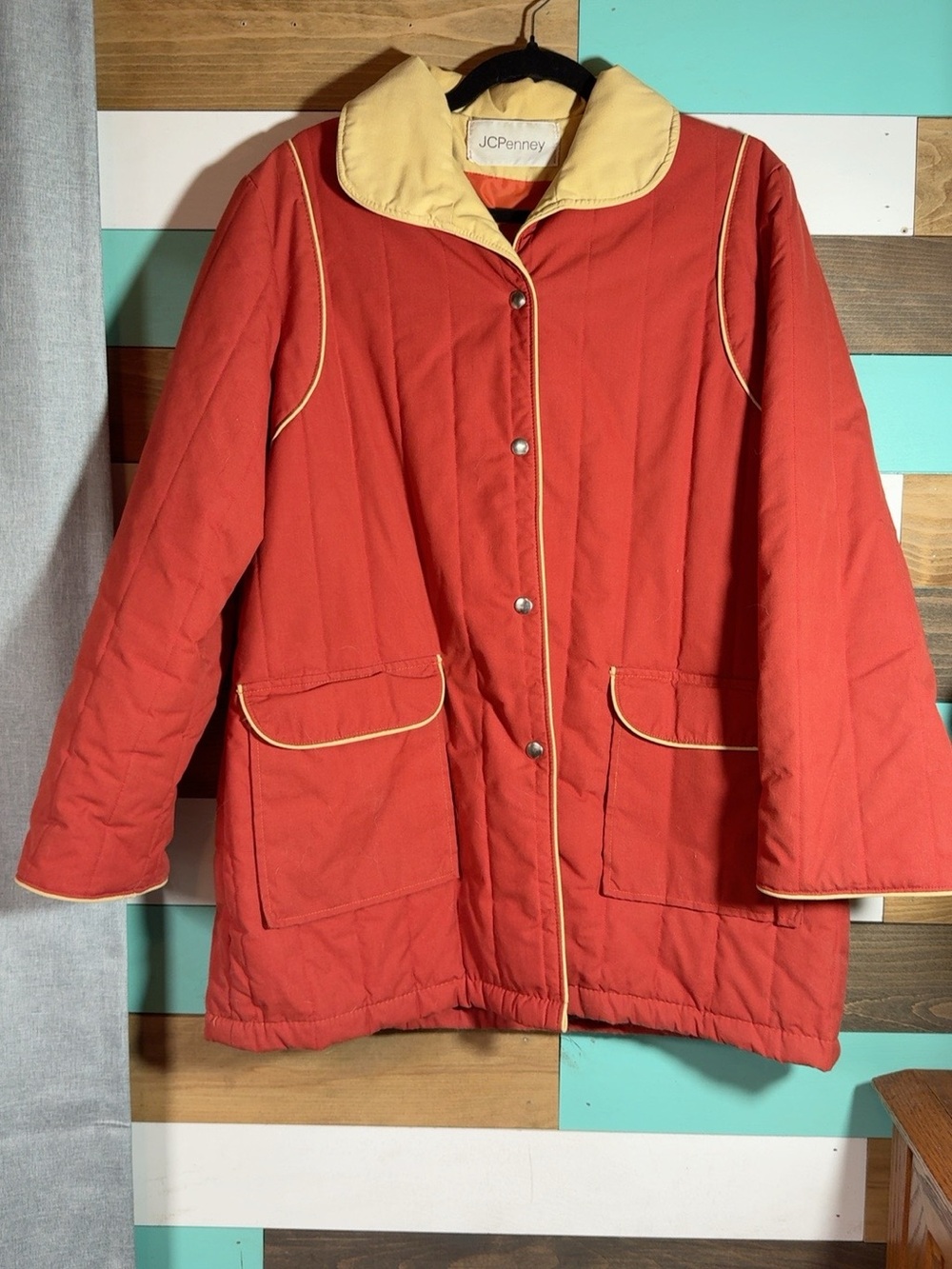 Vintage JCPenney Rust Red Insulated Barn Coat Tan Trim Western Jacket